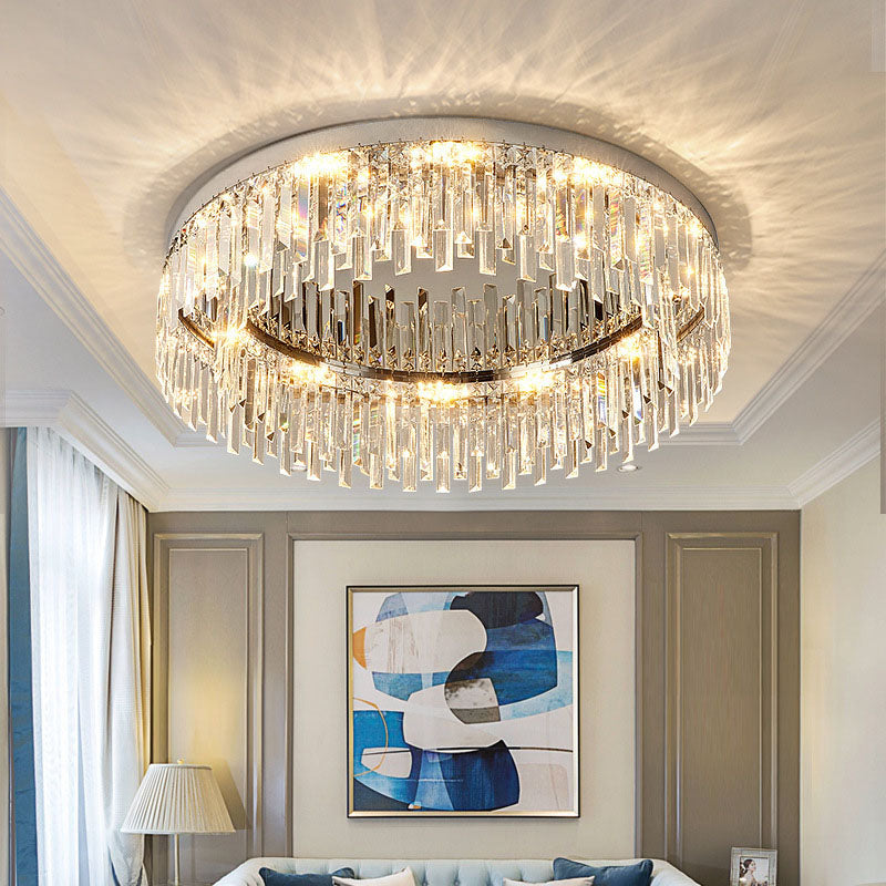 Flush Mount LED Chandelier with Crystal Accents – Chrome Stainless Steel Round Fixture for Bedroom, Dining Room, Kitchen & Hotel – Dimmable | Thomler