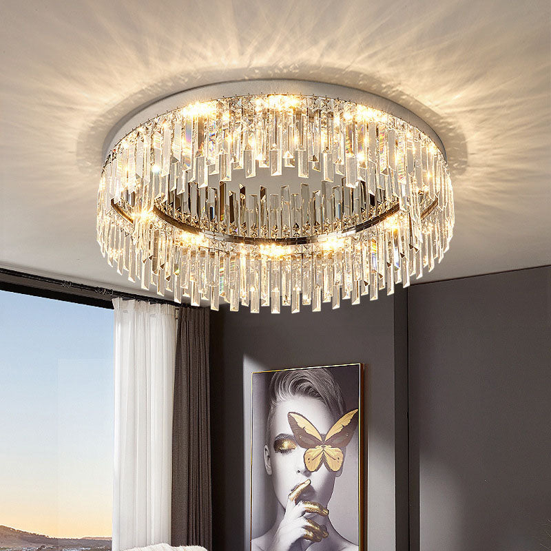 Flush Mount LED Chandelier with Crystal Accents – Chrome Stainless Steel Round Fixture for Bedroom, Dining Room, Kitchen & Hotel – Dimmable | Thomler