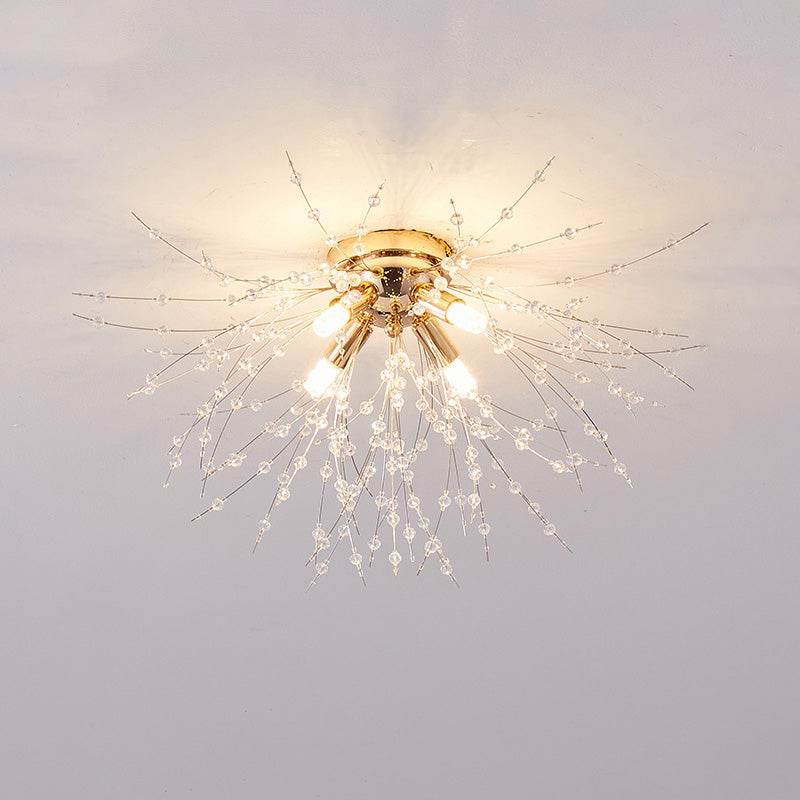 Flush Mount Ceiling Light with Crystal Dandelion Design – 16 in Gold & Silver Fixture for Bedroom, Hallway, Bathroom | Thomler