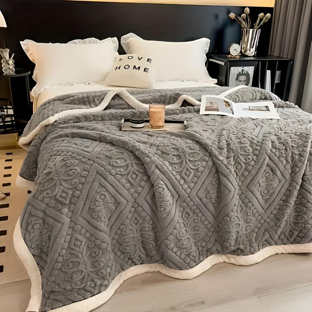 Carved Plush Throw with Sherpa Backing – Double-Sided Blanket for Bed, Couch & Travel