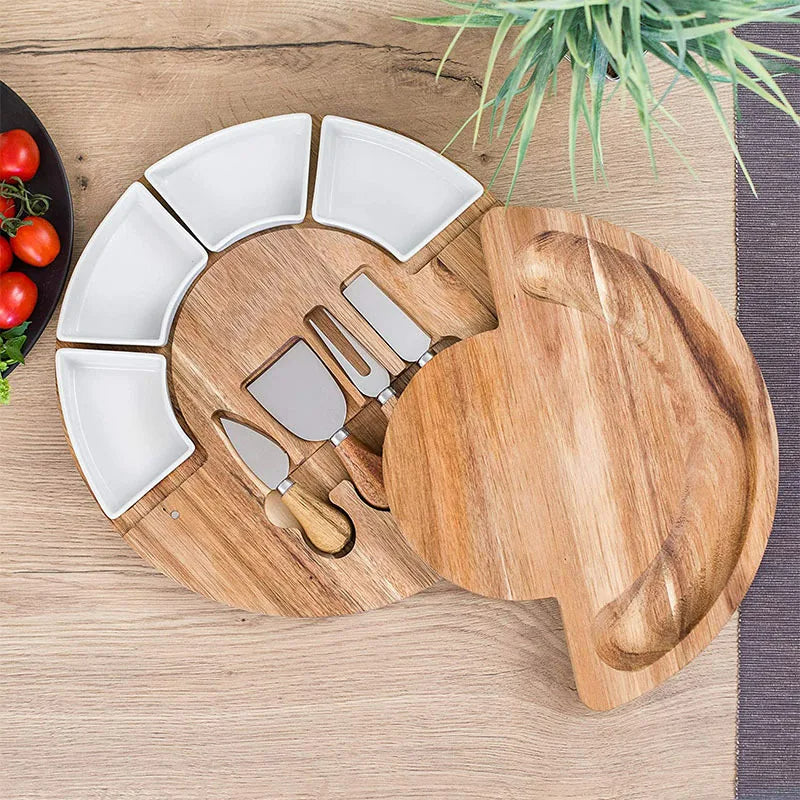 Round Wood Serving Tray with Bowls and Knives 13 Inch Appetizer Platter Set for Entertaining Charcuterie Display Board Natural Acacia Snack | Thomler