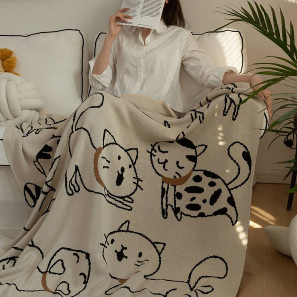 Cat Pattern Throw Blanket – 100% Cotton Weave – Breathable All-Season Bed & Sofa Cover