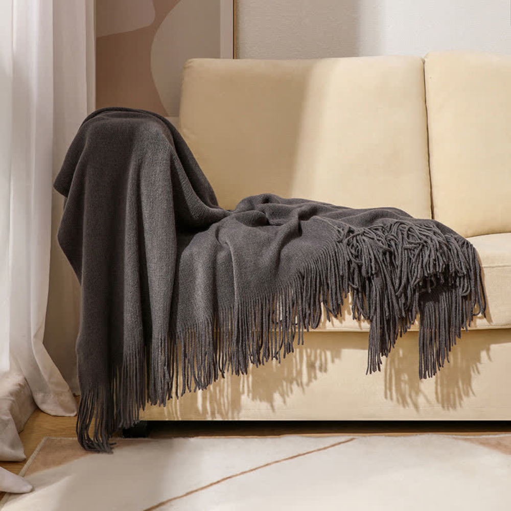 Schwere, strukturierte Wohndecke mit Fransen – Acryl-Gewebe für Sofas, Betten und den Außenbereich