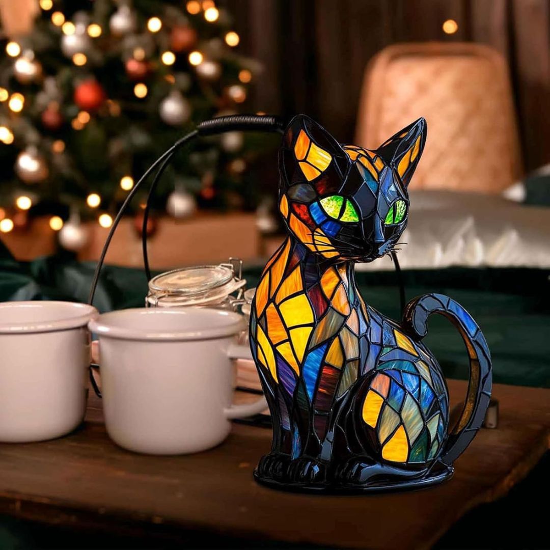 Handcrafted Cat Table Lamp with Warm Glow for Bedroom Nightstand Decor | Whimsical Feline Accent Light for Cat Lovers | Thomler