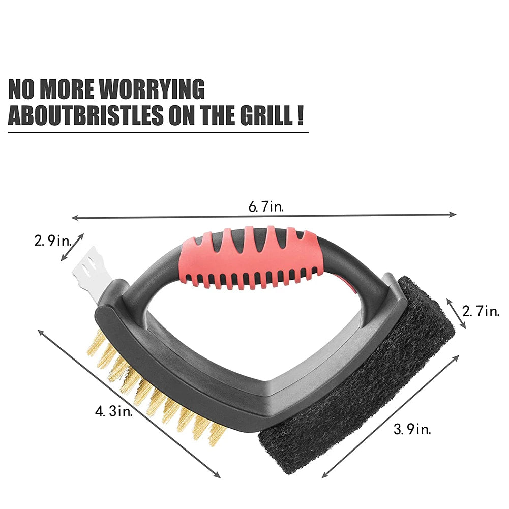 Grillbürste mit Messingborsten, Kupferschaber und Scheuerpad