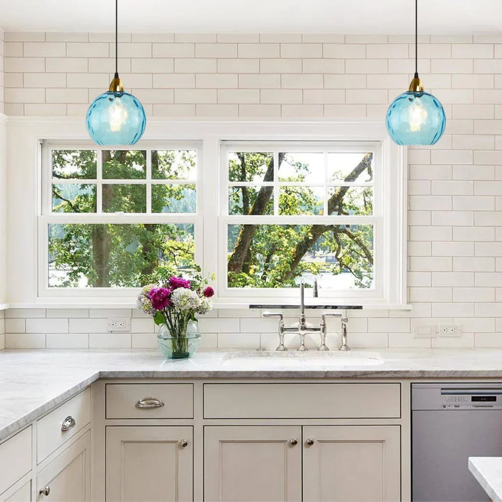 Getextureerde glazen hanglamp 7,9 inch, verlichting voor kookeiland in de eetkamer, in hoogte verstelbare moderne bolvormige pendellamp, minimalistische plafondlamp voor K | Thomler
