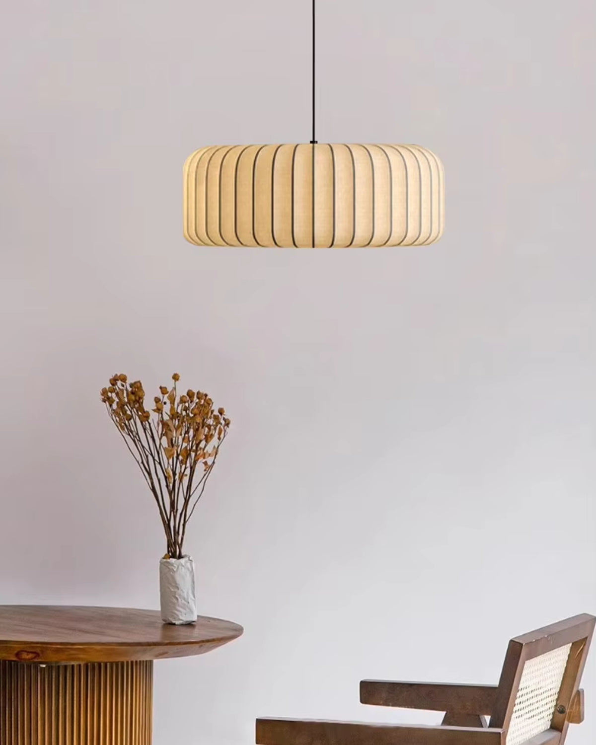 Hanglamp met stoffen trommelkap, 22 inch, neutrale tint, voor eetkamer of keukeneiland, modern Japandi-stijl, E27-fitting | Thomler