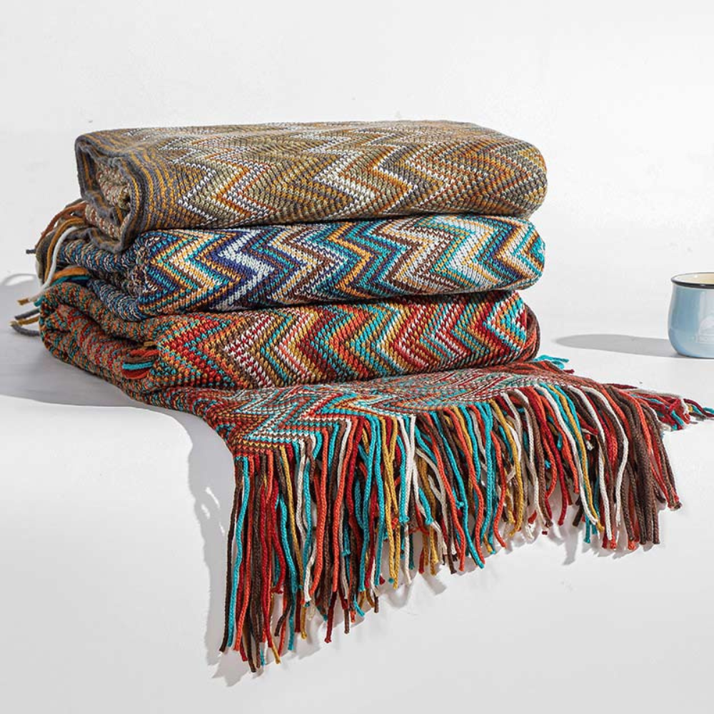 Chevron Knit Throw Blanket with Fringe Trim – Lightweight Acrylic for Year-Round Comfort