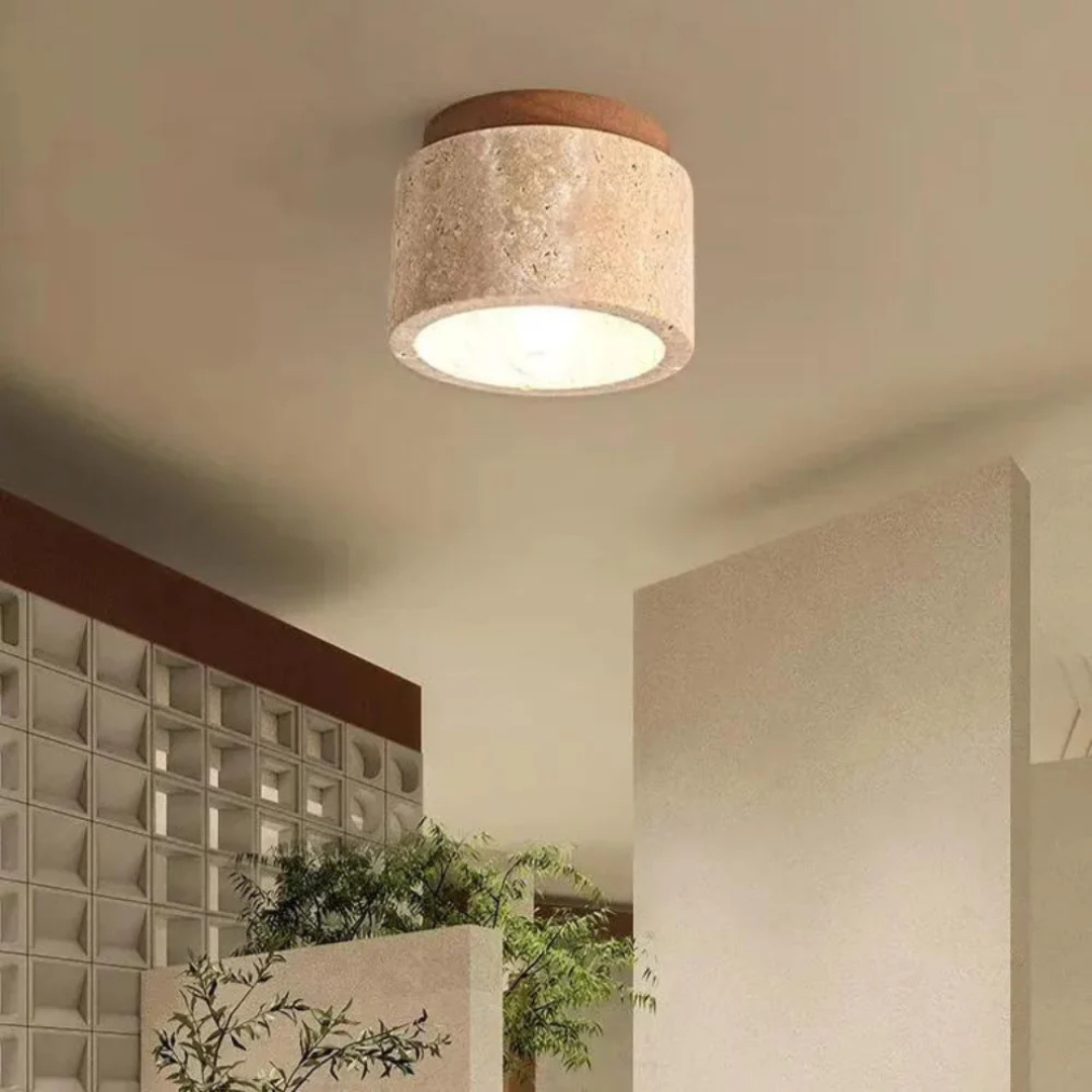Plafondlamp voor montage tegen het plafond met natuursteen en hout, 4,7 inch, warme gloed voor kleine kamers, hal, compacte verlichtingsarmatuur, minimalistisch Japans | Thomler