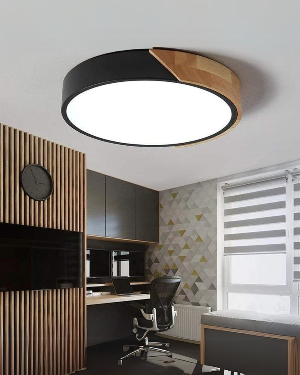 Ronde opbouwplafondlamp met houten accent en geïntegreerde LED – Moderne platte armatuur in 9, 12, 16, 20 en 24 inch maten voor Liv | Thomler