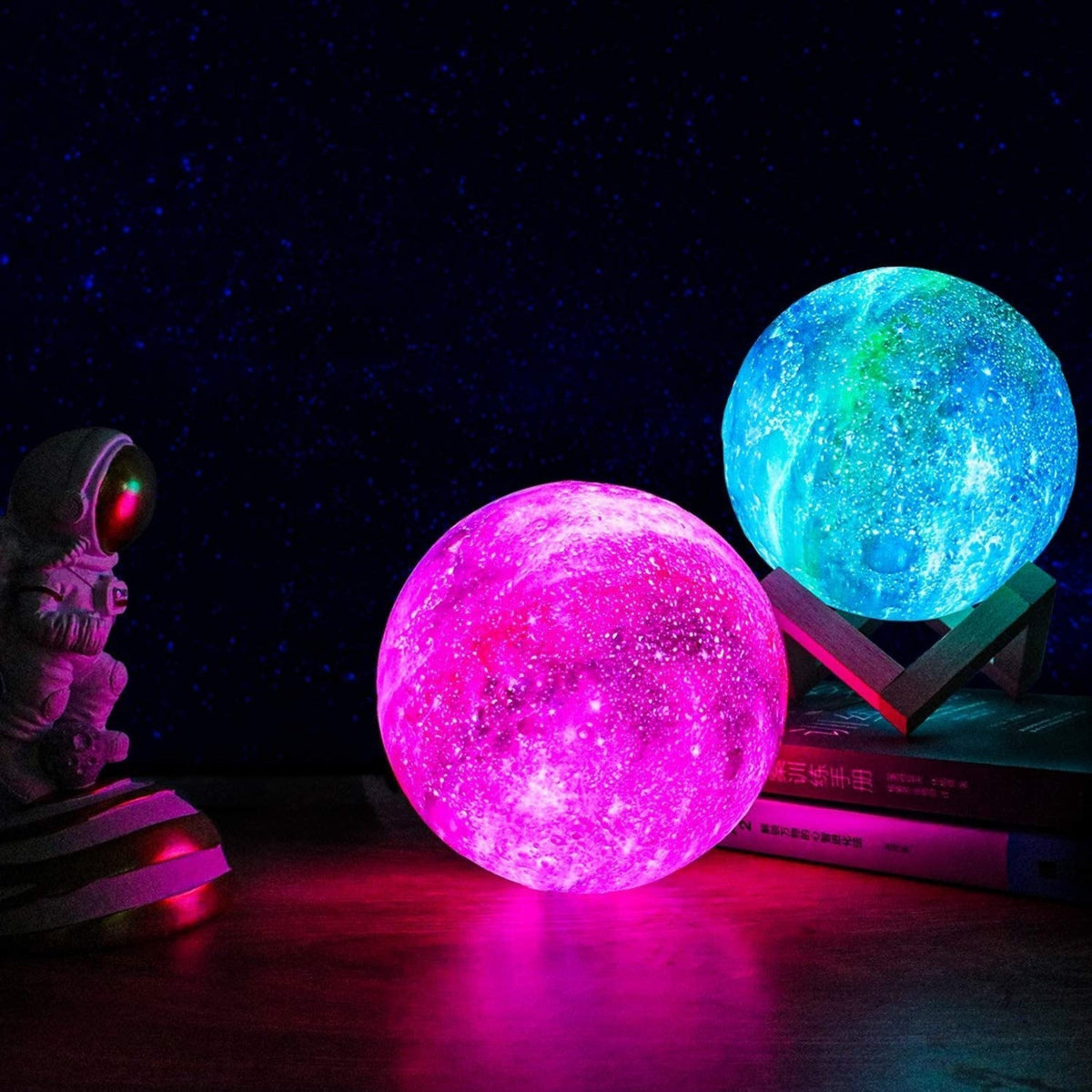 3D Printed Lunar Surface Night Light with Remote Control 16-Color LED Sphere on Wood Base for Bedroom Desk Space Decor | Thomler