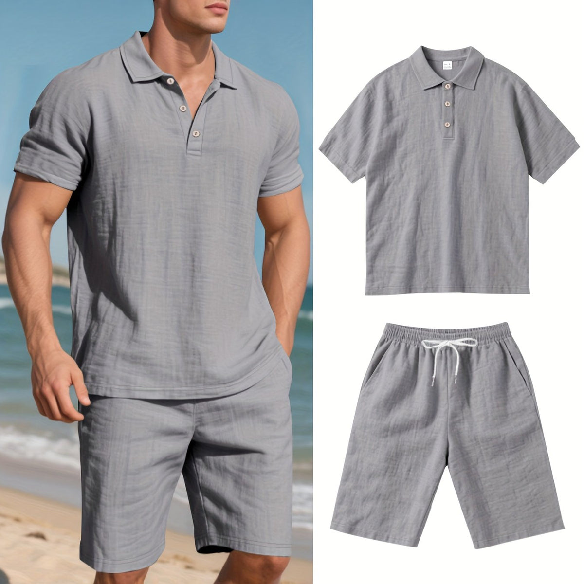 Herren-Set aus kurzärmligem Polohemd und Shorts aus Leinen, sommerliches Zweiteiler-Outfit, leicht und atmungsaktiv, Freizeitkleidung für warmes Wetter
