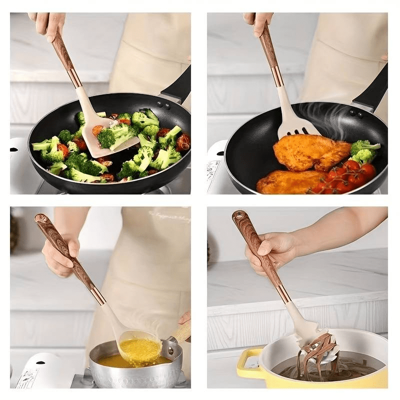 Cooking Utensil Set 10-Piece Heat Resistant Silicone Tools Non-Stick Safe Ergonomic Wood Grain Handles for Baking Serving Everyday Kitchen U | Thomler