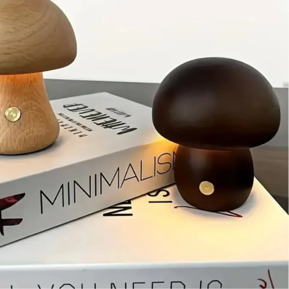 Natural Wood Toadstool Table Lamp with Adjustable Glow and USB Charging for Bedroom, Nursery, or Living Room Ambient Lighting | Thomler