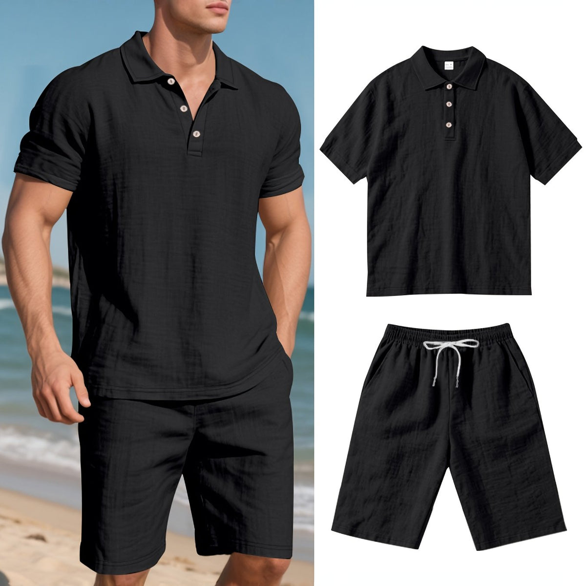 Herren-Set aus kurzärmligem Polohemd und Shorts aus Leinen, sommerliches Zweiteiler-Outfit, leicht und atmungsaktiv, Freizeitkleidung für warmes Wetter