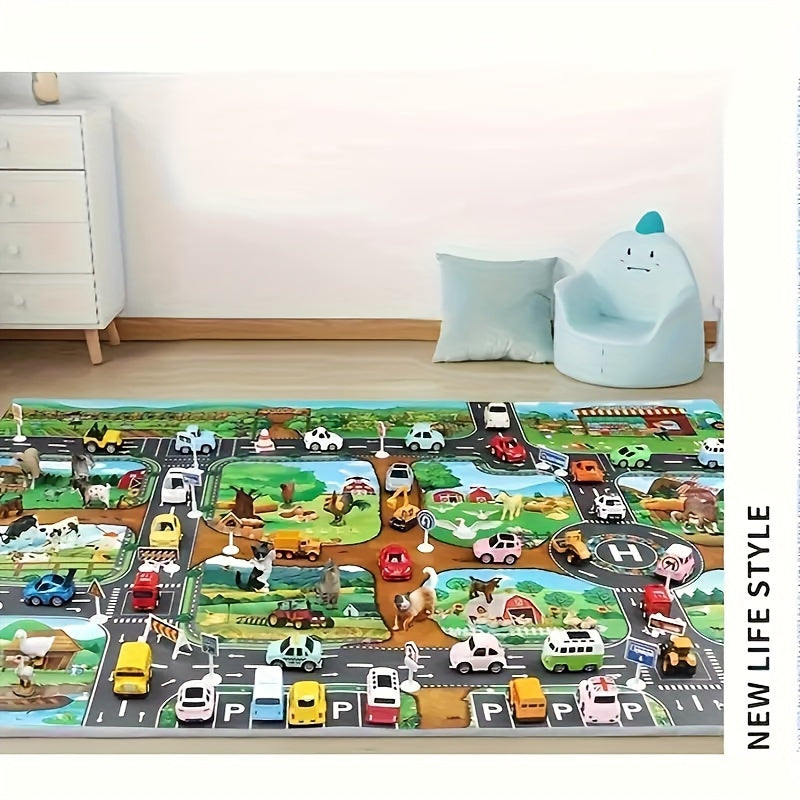Spielteppich für Kinder 99 x 130 cm gewebt rutschfest Bauernhof-Straßen-Design für Spielzimmer Schlafzimmer Kinderzimmer interaktiver Teppich | Thomler