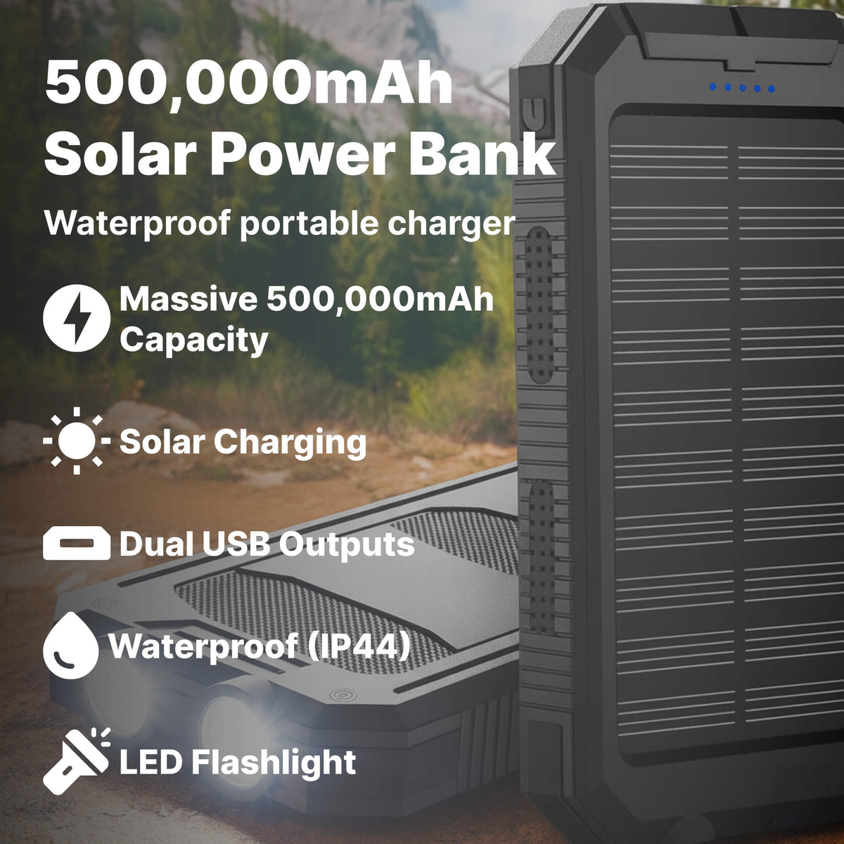 Batería recargable de 500000 mAh, cargador portátil de doble puerto USB para emergencias al aire libre con panel solar y linterna LED para camping, viajes y senderismo | Thomler
