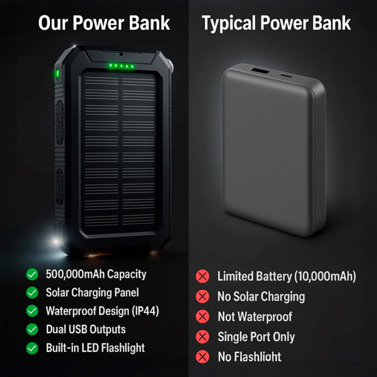 Batería recargable de 500000 mAh, cargador portátil de doble puerto USB para emergencias al aire libre con panel solar y linterna LED para camping, viajes y senderismo | Thomler