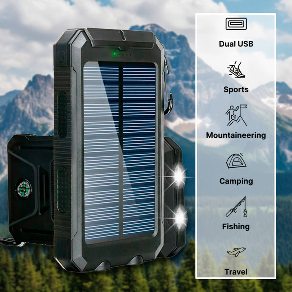 Batería recargable de 500000 mAh, cargador portátil de doble puerto USB para emergencias al aire libre con panel solar y linterna LED para camping, viajes y senderismo | Thomler