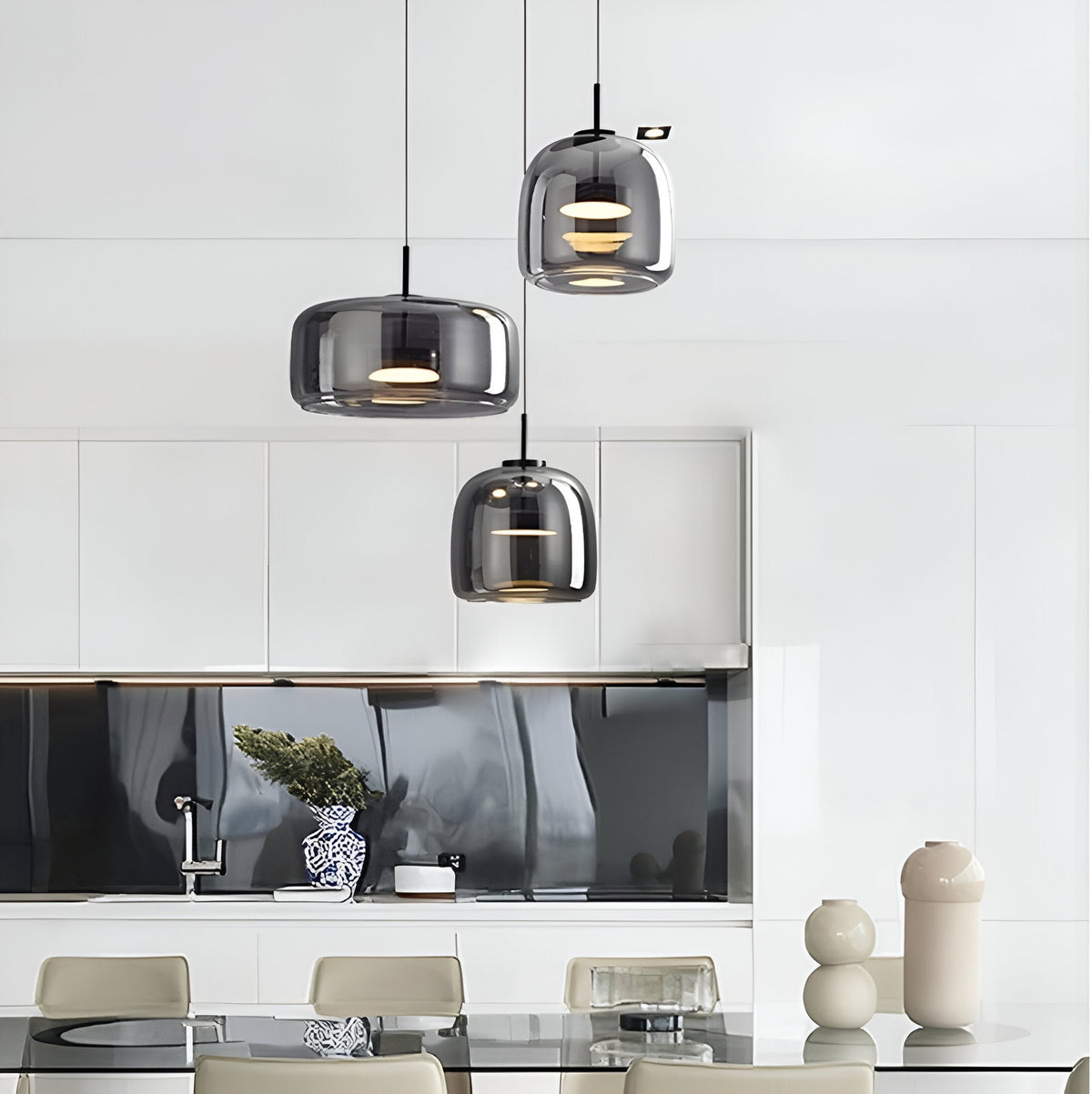 Triple Glass Dome Ceiling Light 15 in Adjustable Height for Kitchen Island Dining Room Modern Hanging Fixture Gray Smoked Finish | Thomler