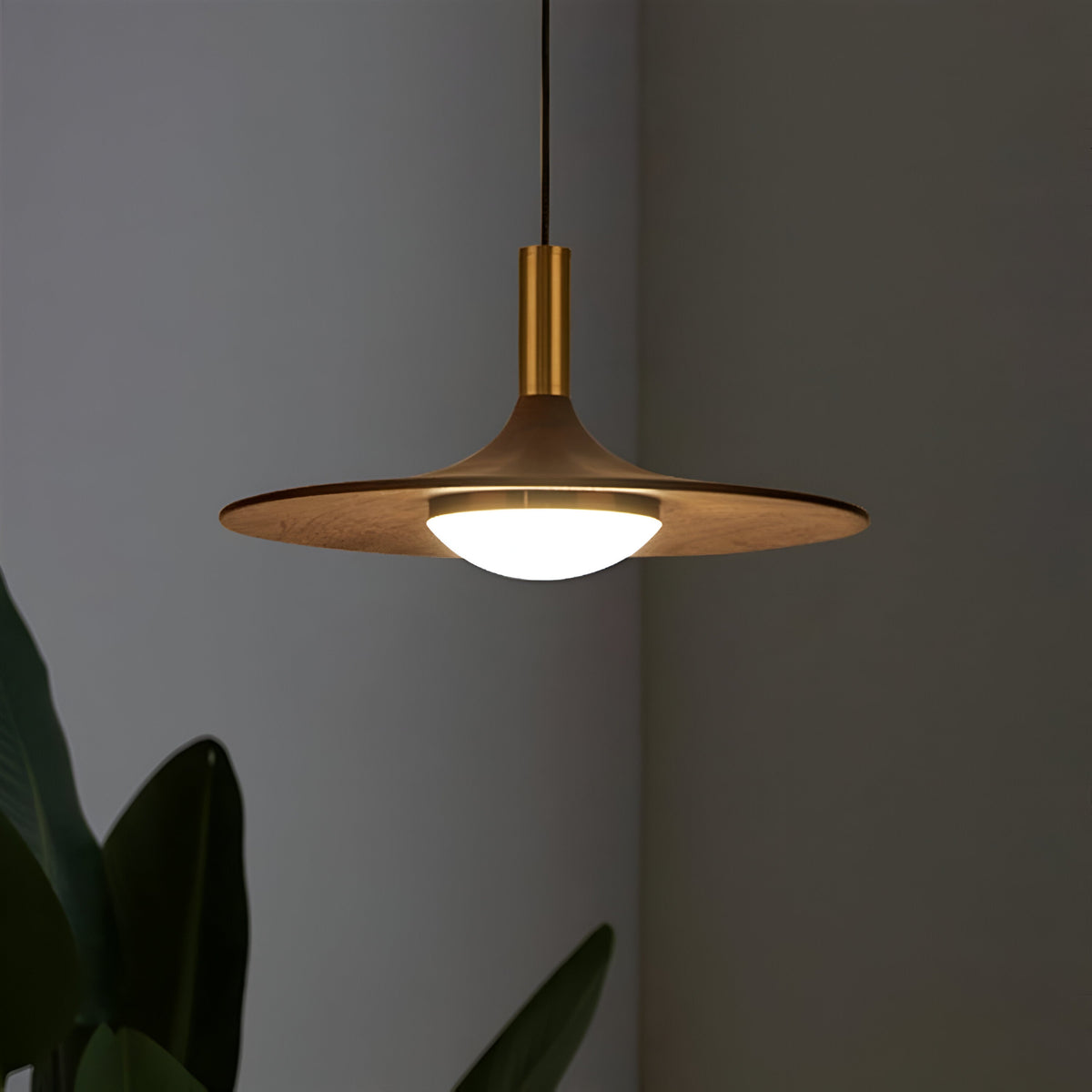 Sculptural Metal Shade Ceiling Fixture with Organic Wood-Tone Accent – 10 in or 14 in Drop Light for Island Counter Bar and Breakfast Nook – | Thomler