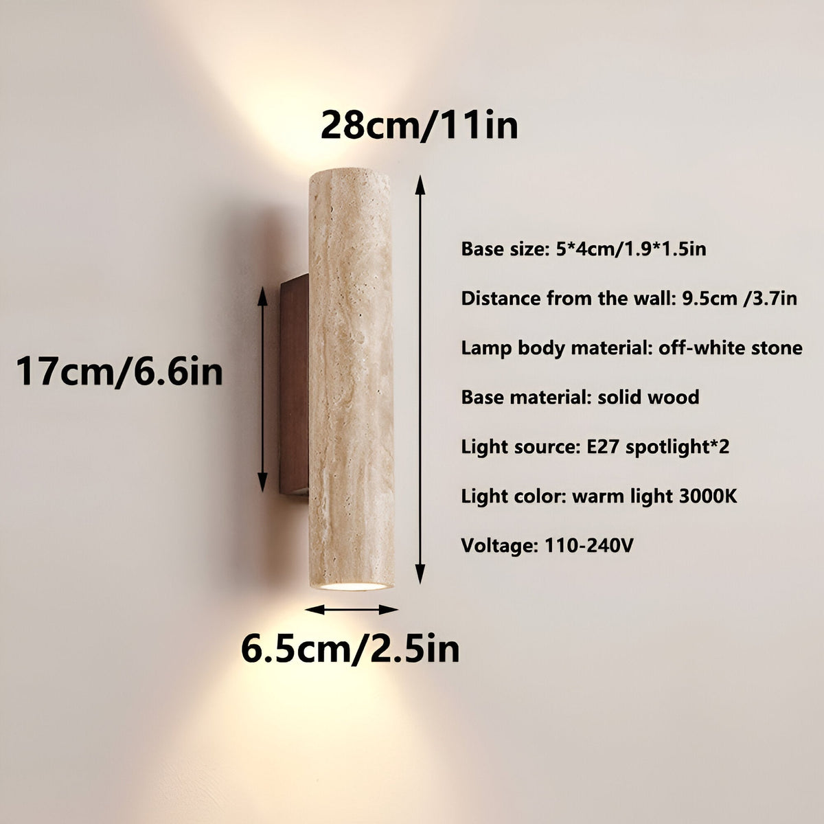 Travertine Stone Sconce Dual-Direction Light 12.6 Inch Vertical Fixture Natural Beige E27 Socket for Bedrooms Hallways Staircases Living Roo | Thomler