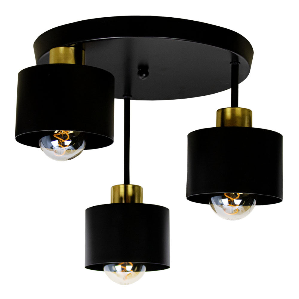 Three-Light Flush Mount Fixture Steel 12-Inch Black Gold Ceiling Lamp E27 for Dining Room Bedroom Hallway Modern Industrial Home Lighting | Thomler