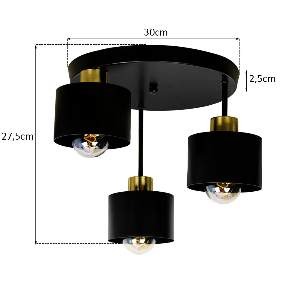 Three-Light Flush Mount Fixture Steel 12-Inch Black Gold Ceiling Lamp E27 for Dining Room Bedroom Hallway Modern Industrial Home Lighting | Thomler