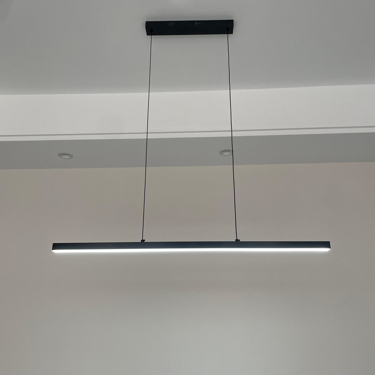 Suspended LED Strip Fixture for Countertop Islands – Dimmable Metal Bar Light with Remote in Matte or Gloss White – 39 to 102 in Adjustable