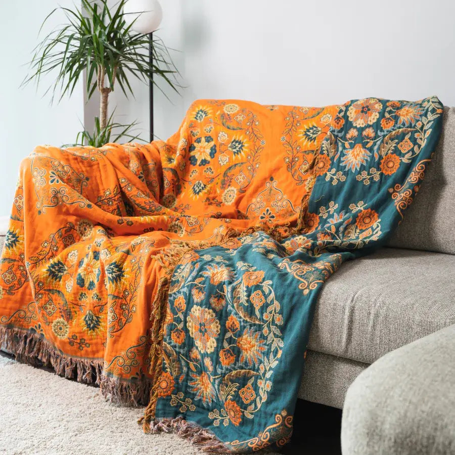 Omkeerbare katoenen plaid met kwastjes – Boheems bloemendesign voor bank, sofa of bed – Warm & decoratief woonaccessoire