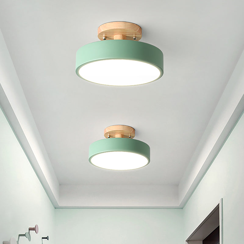 Modern LED Ceiling Light 8-Inch Drum with Wood Accent for Hallways Bedrooms Living Rooms Semi-Flush Mount Metal Fixture Nordic Style