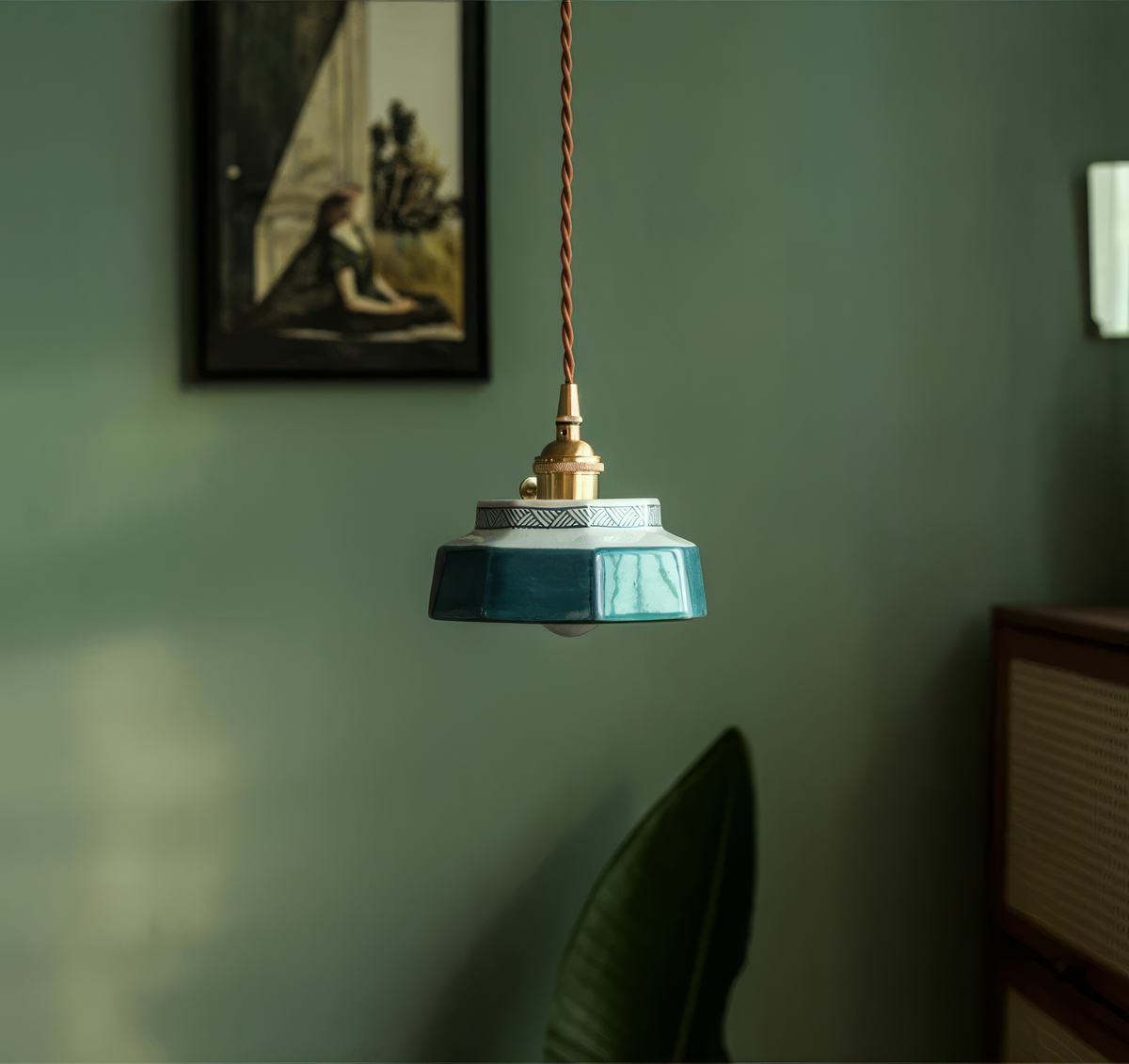 Keramische hanglamp met handgeschilderd design & koperen fitting voor kookeiland, eetkamer, slaapkamer & café | Scandinavische stijl armatuur | Thomler