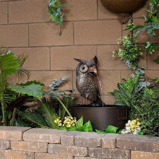Tischbrunnen mit Vogelfigur – Polyresin-Design in Natursteinoptik für Terrasse, Veranda & Garten | Thomler