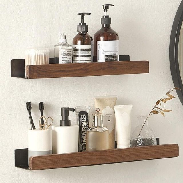 Selbstklebendes Wandregal aus Holz für Bad & Küche | Bohrfreies Ablageregal | Platzsparender Halter für Pflegeprodukte & Utensilien | Thomler