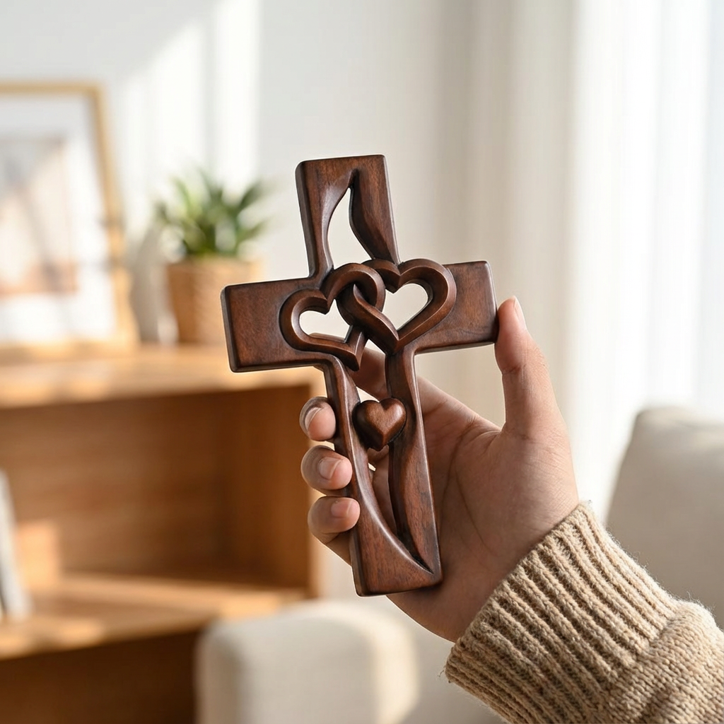 Houten kruis wanddecoratie met twee harten voor woonkamer, slaapkamer, entree, religieuze decoratie, handgemaakt symbool | Thomler