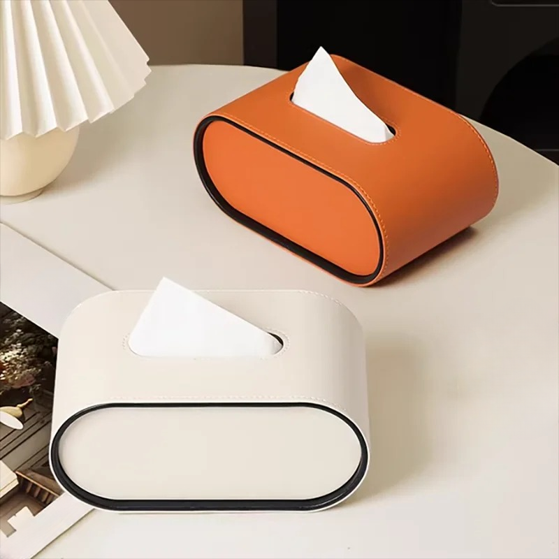 Faux Leather Tissue Dispenser Oval 9 × 5 × 4 Inches Desktop Organizer Napkin Caddy Home Office Bedroom Bathroom Tabletop Storage Accessories | Thomler