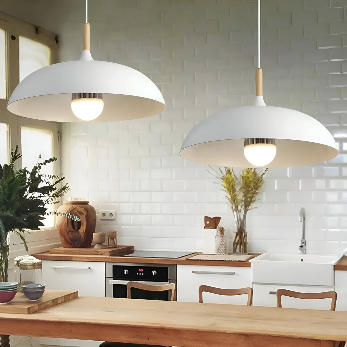 Wood and Iron Drop Light 14-24 Inches Diameter for Kitchen Island Dining Table Modern Minimalist Fixture E27 Socket Cord Height Adjustable | Thomler