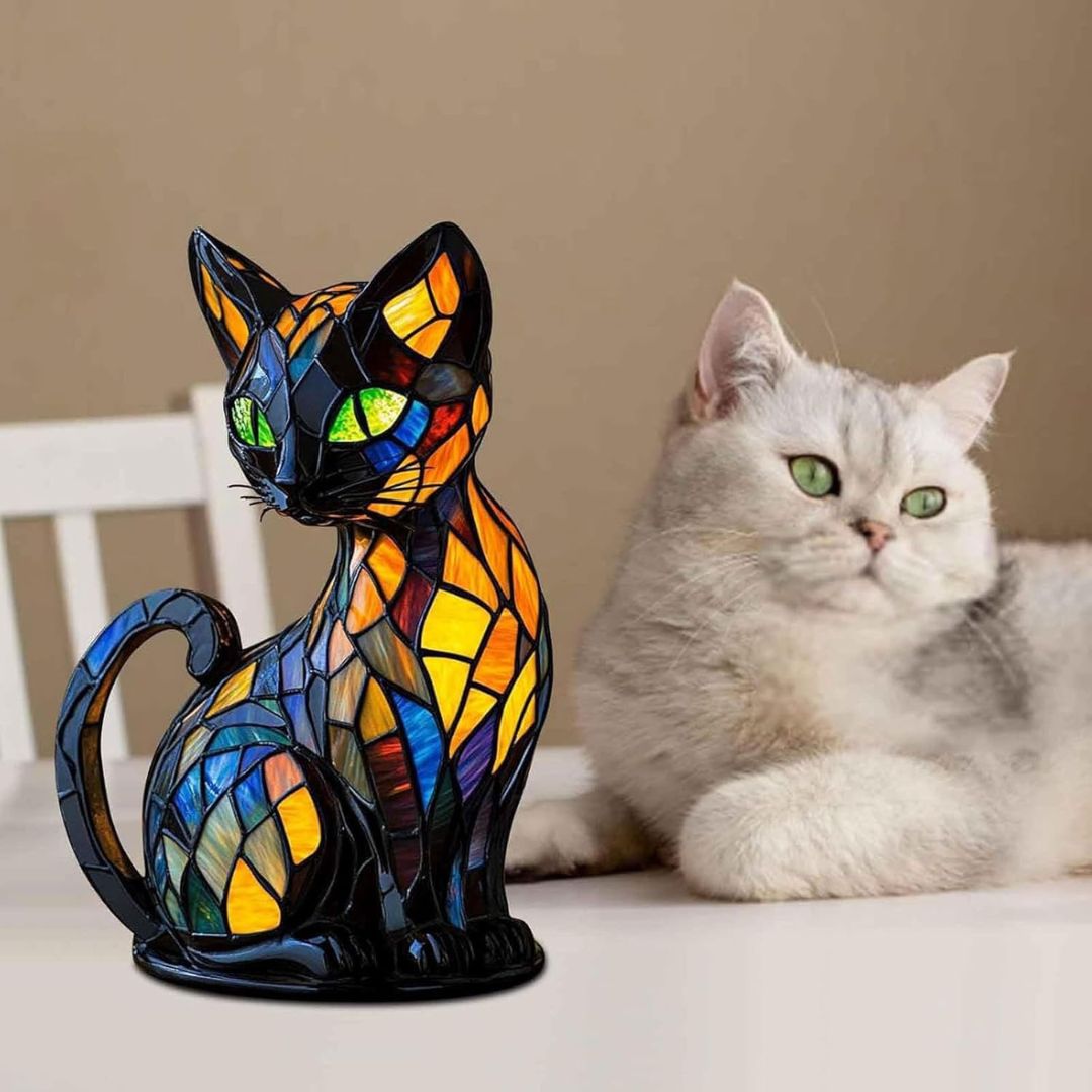 Handcrafted Cat Table Lamp with Warm Glow for Bedroom Nightstand Decor | Whimsical Feline Accent Light for Cat Lovers | Thomler