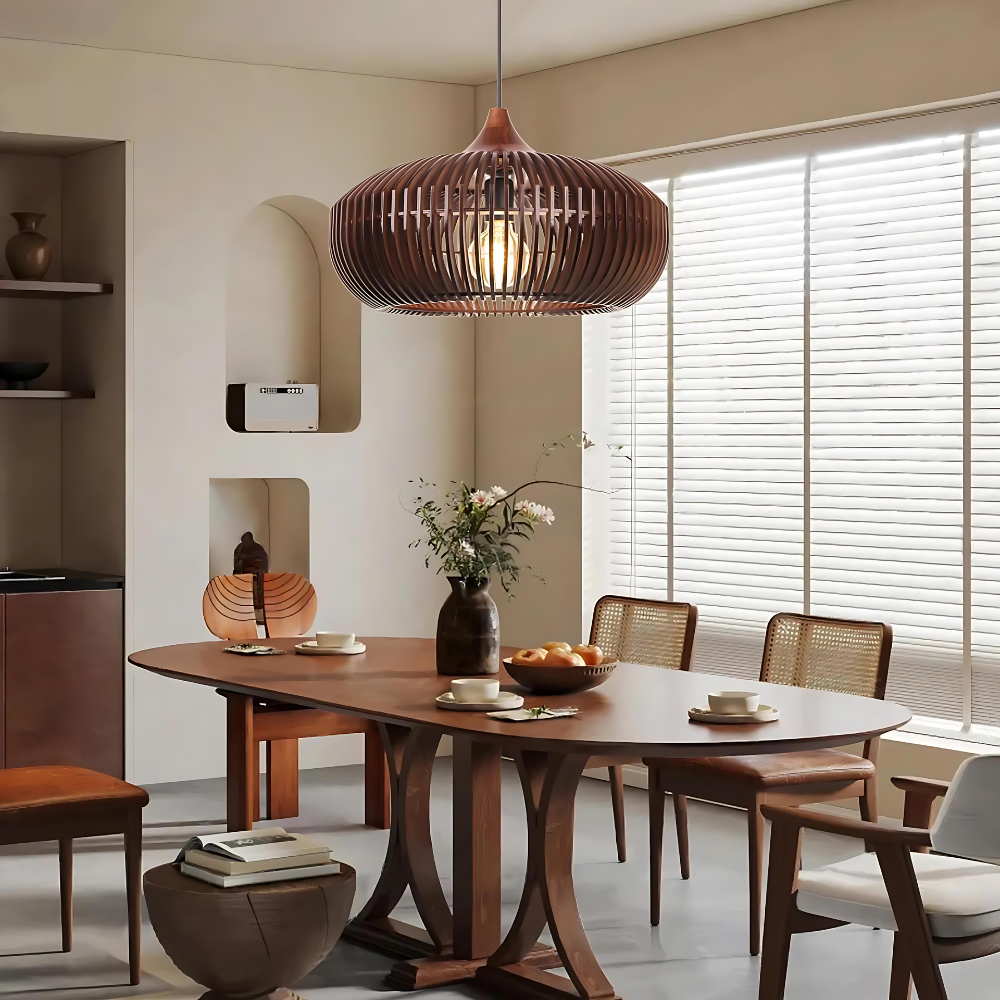 Wood Slat Ceiling Fixture Round Natural 17-Inch Japandi Style Above Table Island Ambient Hanging Light for Dining Kitchen Living Room | Thomler