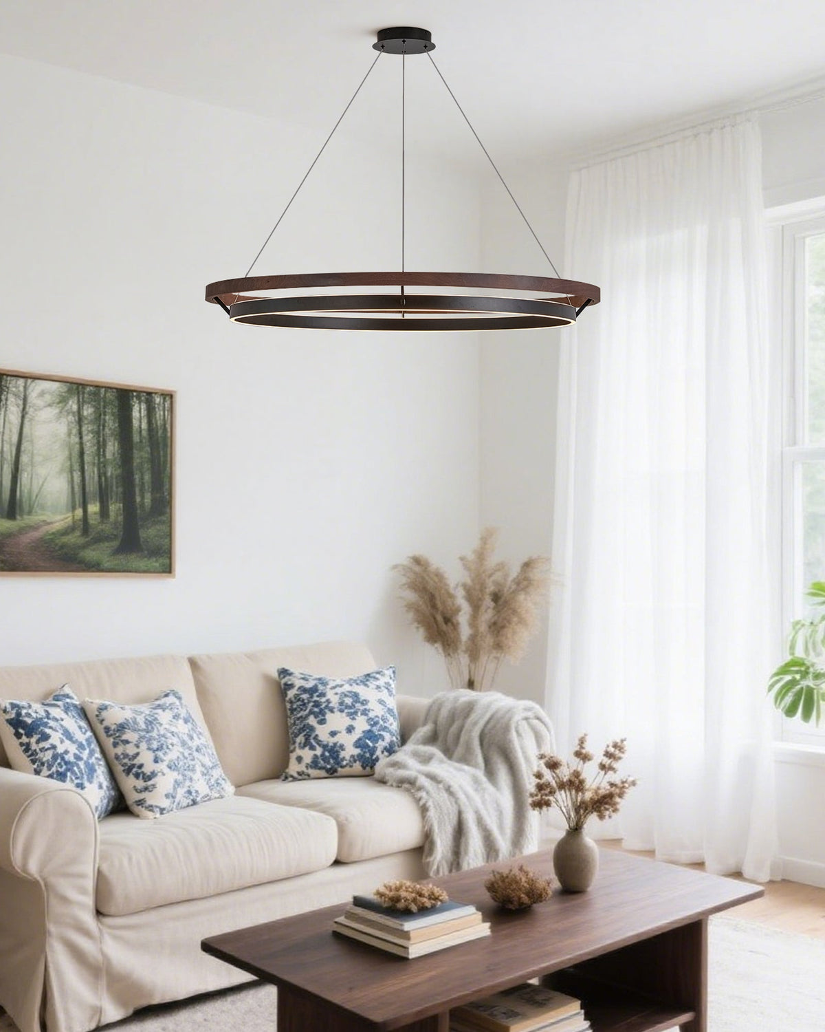 Runder Kronleuchter aus Holz mit LED-Beleuchtung, 60-120 cm höhenverstellbar, Deckenleuchte im Landhausstil für Esszimmer und Kücheninsel | Thomler
