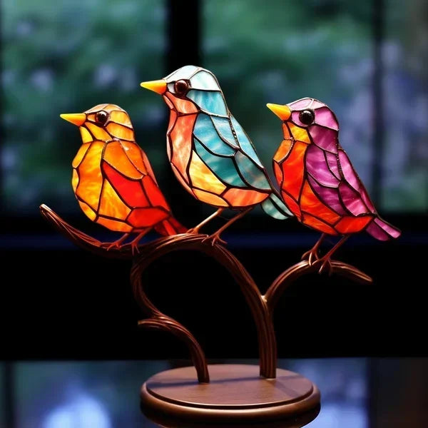 Handbeschilderde metalen vogelbeeldjes voor op de plank & schoorsteenmantel | Kleurrijke tafeldecoratieset | Moderne zittende vogels voor woonkamer, slaapkamer, kantoor