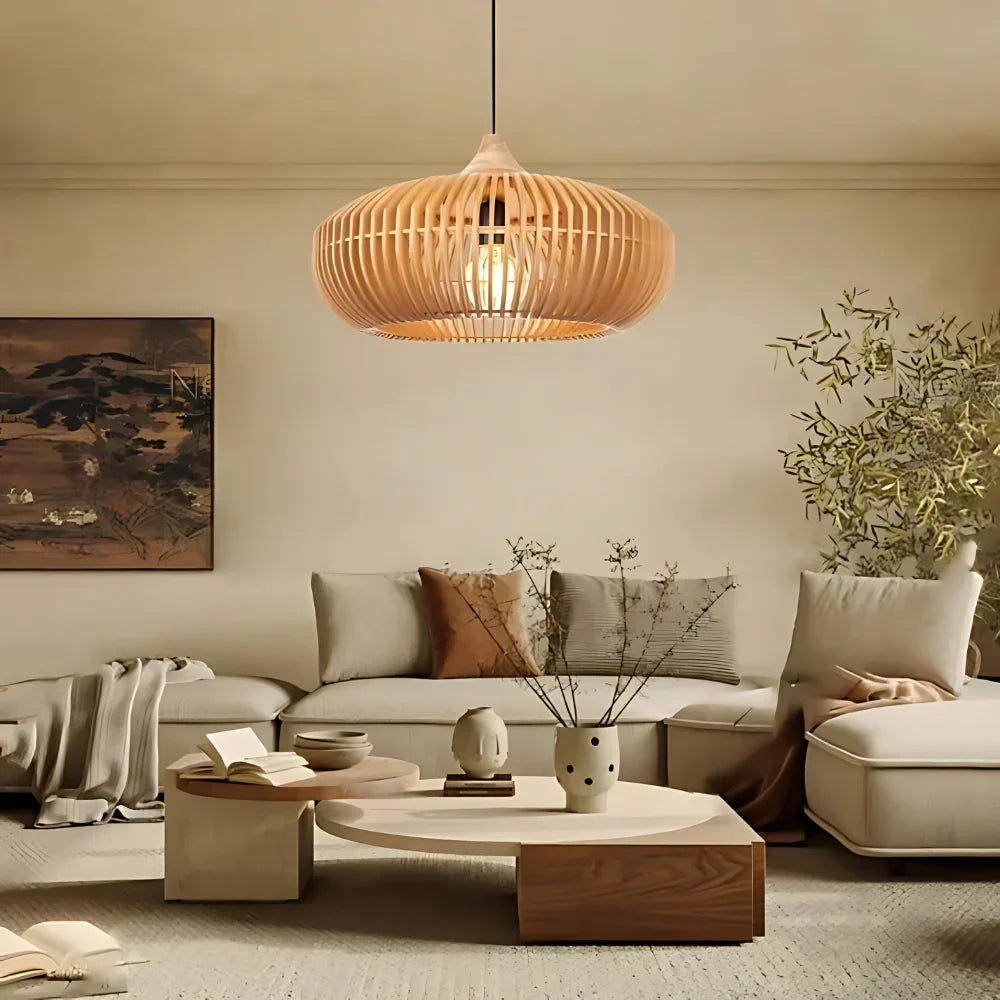 Wood Slat Ceiling Fixture Round Natural 17-Inch Japandi Style Above Table Island Ambient Hanging Light for Dining Kitchen Living Room | Thomler