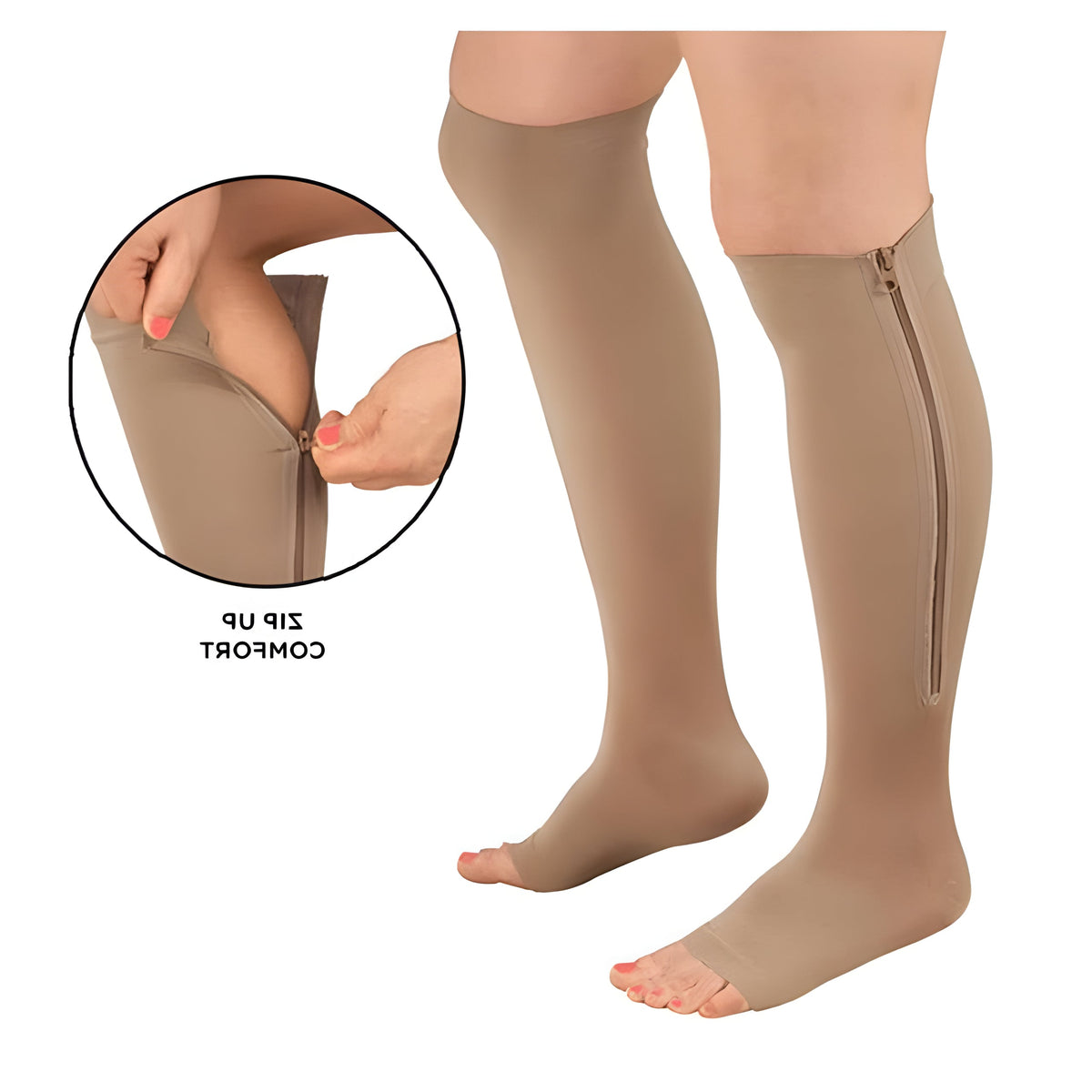 Open-Toe Knee-High Medical Compression Socks with Side Zipper for Women and Men 20-30 mmHg Firm Support Circulation Stockings for Standing A