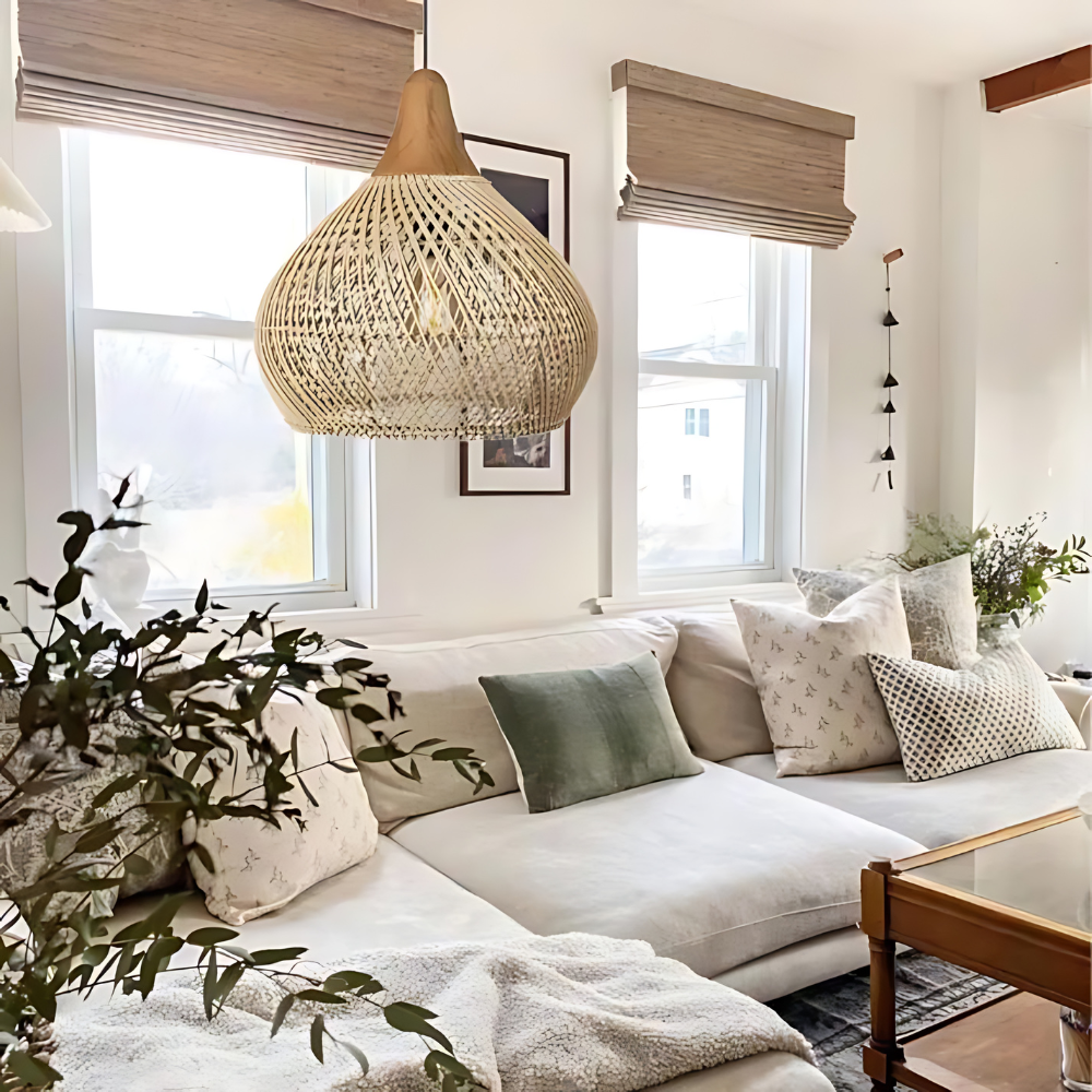 Woven Wicker Ceiling Light 20 in Natural Fiber Shade for Kitchen Island Dining Room Overhead Boho Farmhouse Organic Texture Rope Hanging Fix | Thomler
