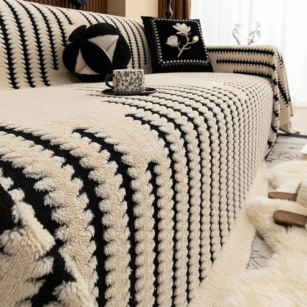 Plüschiger Couch-Schoner mit rutschfester Rückseite, neutraler, beigefarbener Möbelschutz für Wohnlandschaften, Zweisitzer, Wohnzimmer, haustierfreundlicher, waschbarer Bezug | Thomler