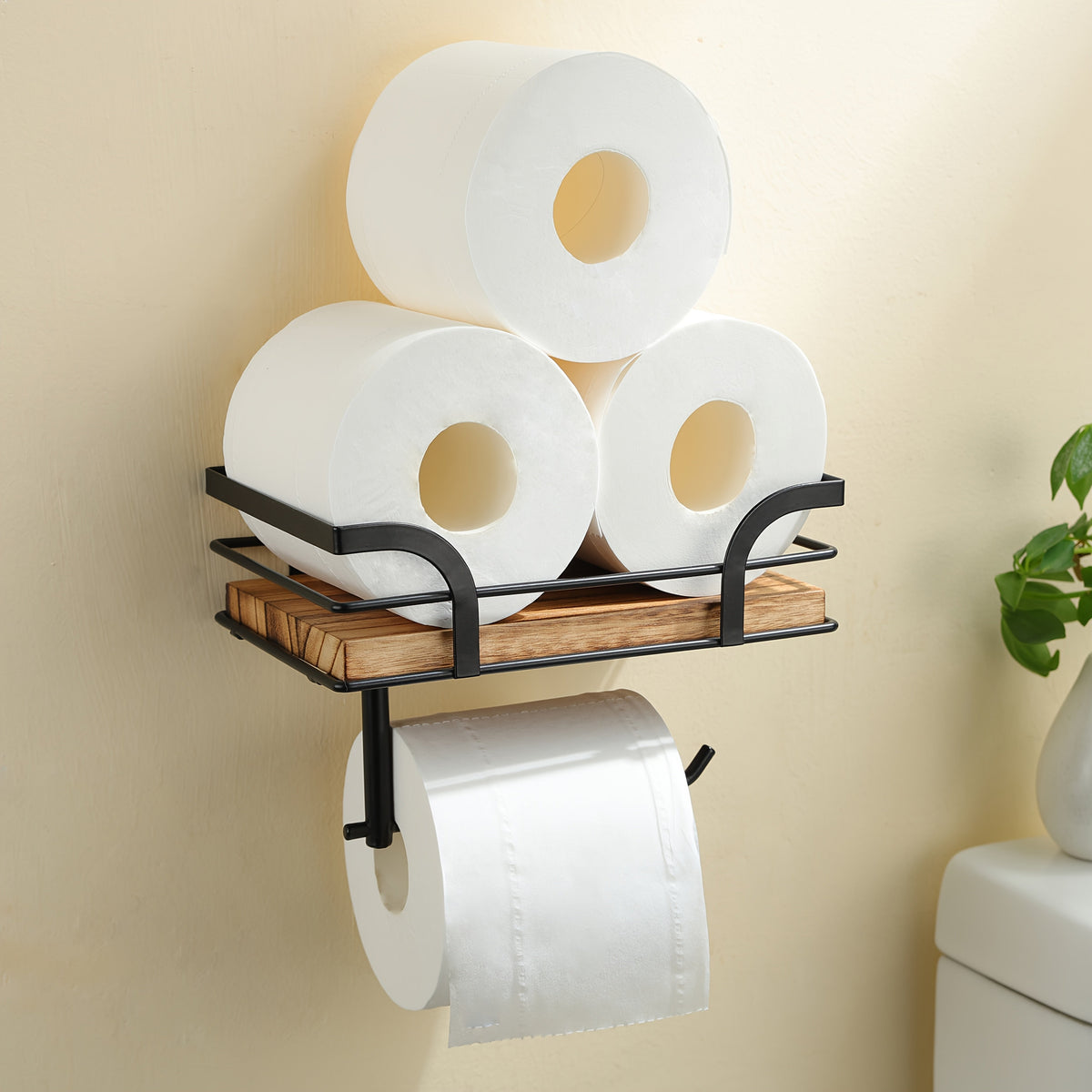 Metal & Wood Bathroom Tissue Dispenser Shelf 7.9 Inches Wall Mount Organizer Powder Room Storage Rack Home Essentials Holder for Small Space | Thomler
