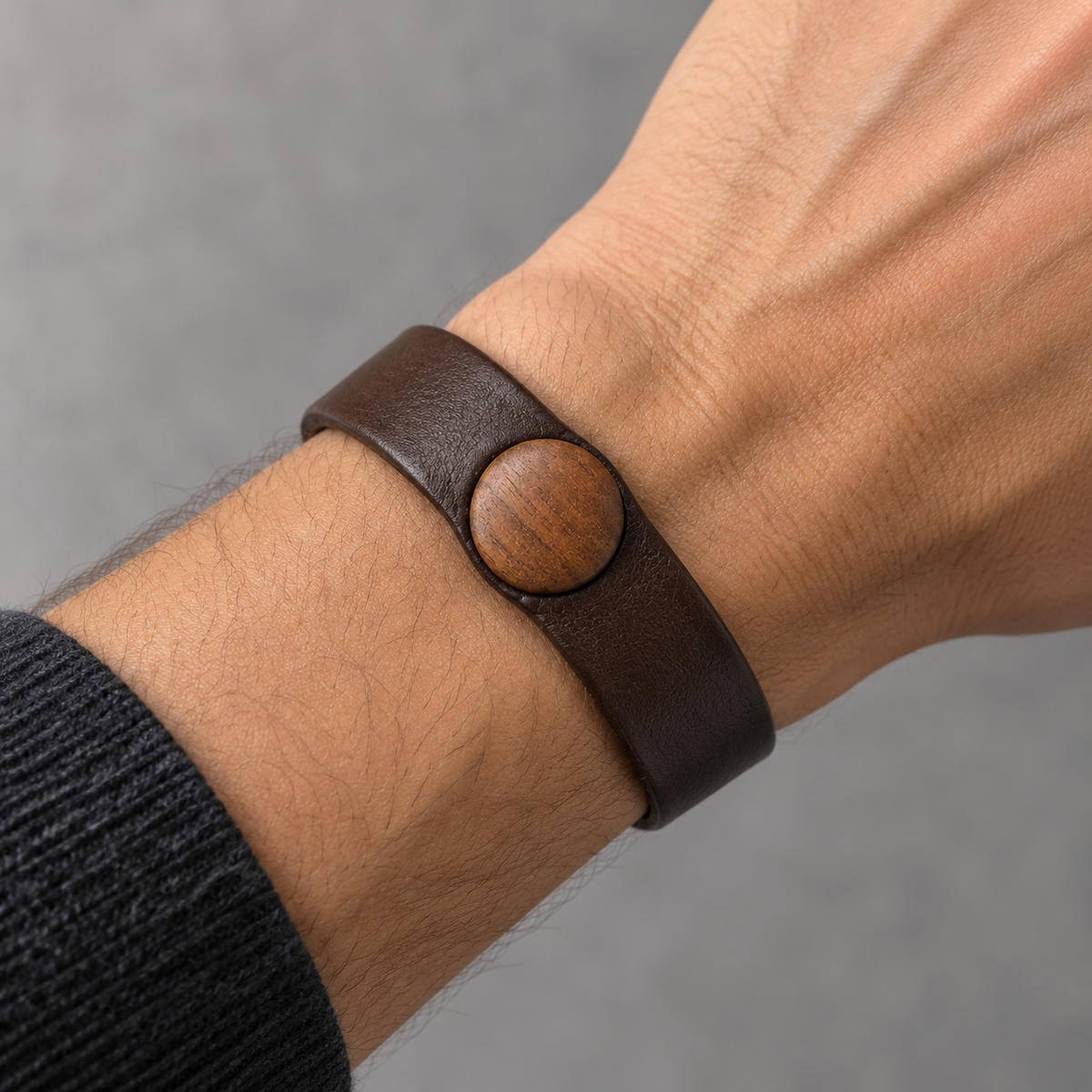 Wooden Button Bracelet – Brown Vegan Leather