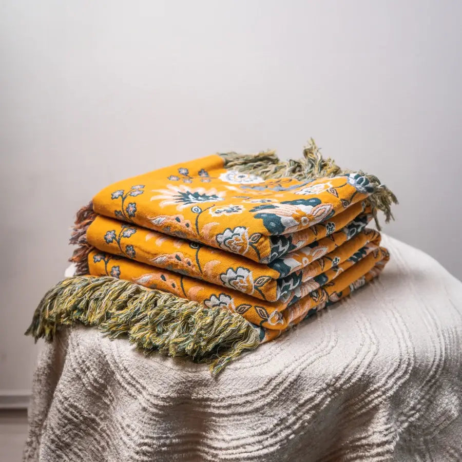 Omkeerbare katoenen plaid met kwastjes – Boheems bloemendesign voor bank, sofa of bed – Warm & decoratief woonaccessoire