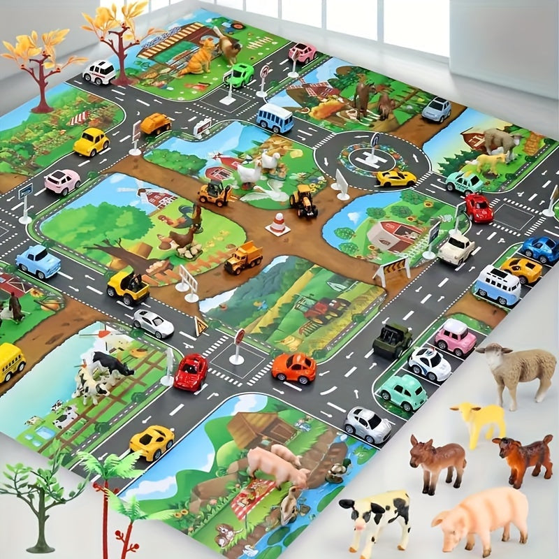 Spielteppich für Kinder 99 x 130 cm gewebt rutschfest Bauernhof-Straßen-Design für Spielzimmer Schlafzimmer Kinderzimmer interaktiver Teppich | Thomler