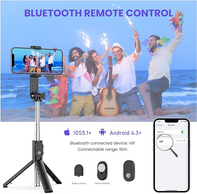 Kabelloser Selfie-Stick mit Aufhelllicht und Stativfuß, 110 cm ausziehbar